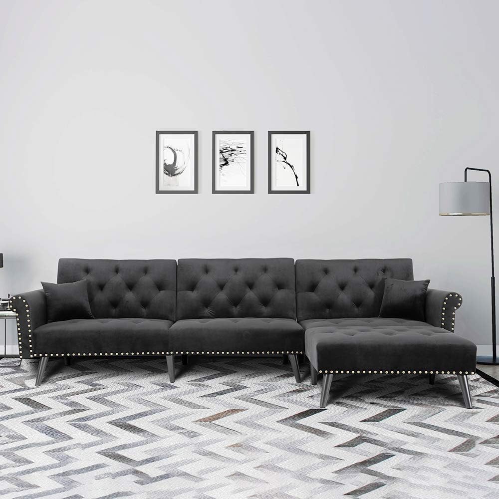 romatlink L Shape Bed Sectional Sofa Chaise Button Tufted Couch with 2 Pillows, Silver Nailhead Trim Silvertone, Wood Leg, Black