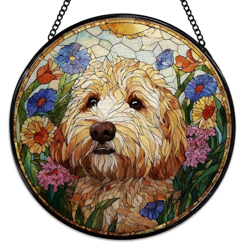 JMENGSSFL Goldendoodle Dog Flower Stained Glass Window Hanging, Goldendoodle Gifts