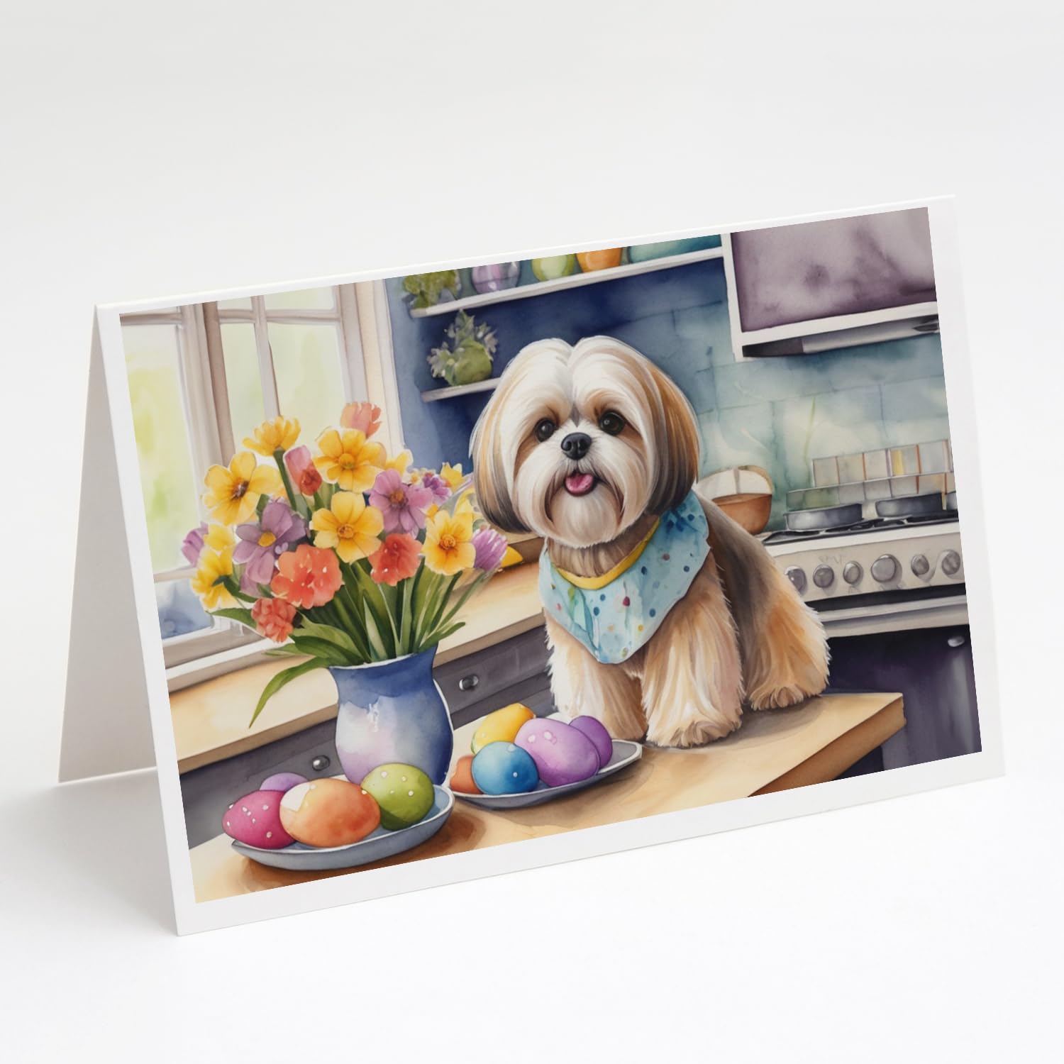 Caroline's Treasures DAC6850GCA7P Decorating Easter Lhasa Apso Greeting Cards Pack of 8 Blank Cards with Envelopes Whimsical A7 Size 5x7 Blank Note Cards