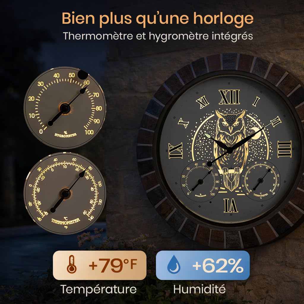 Horloge murale exterieure etanche 45 cm avec thermomètre et hygromètre, illuminée avec lumière nocturne intelligente, grande horloge silencieuse à piles pour jardin, patio, piscine et véranda