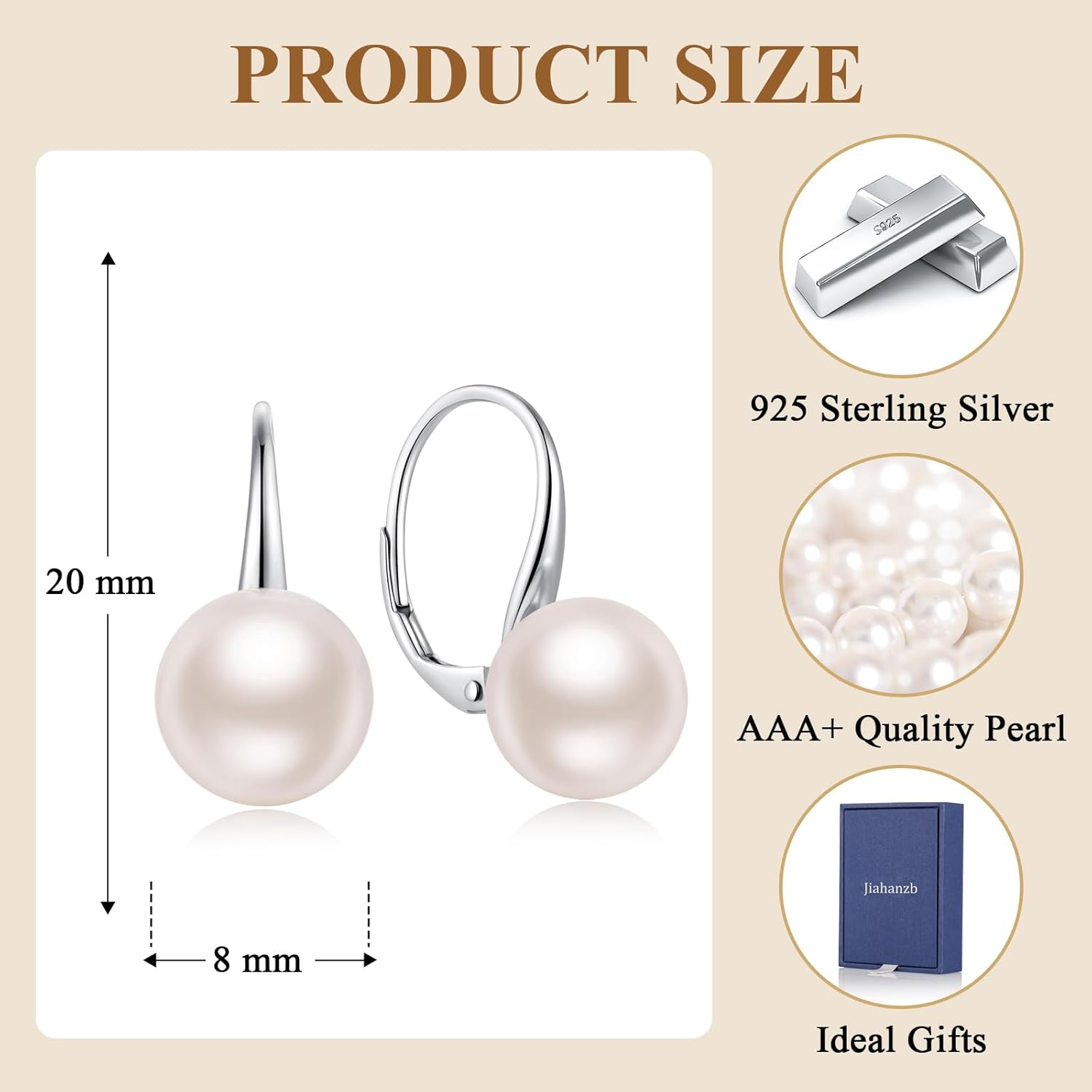 925 Sterling Silver Pearl Leverback Earrings for Women, Platinum-Plated Pearl Dangle Drop Earrings Simulated White Pearl 10MM - Image 6