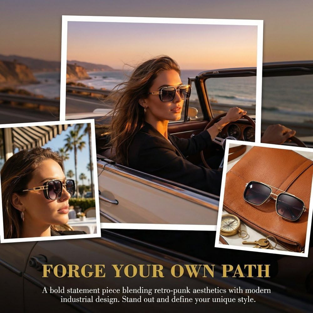 Retro Square Steampunk Sunglasses for Men and Women Metal Frame Punk Style Eyewear with Side Shields Vintage Fashion