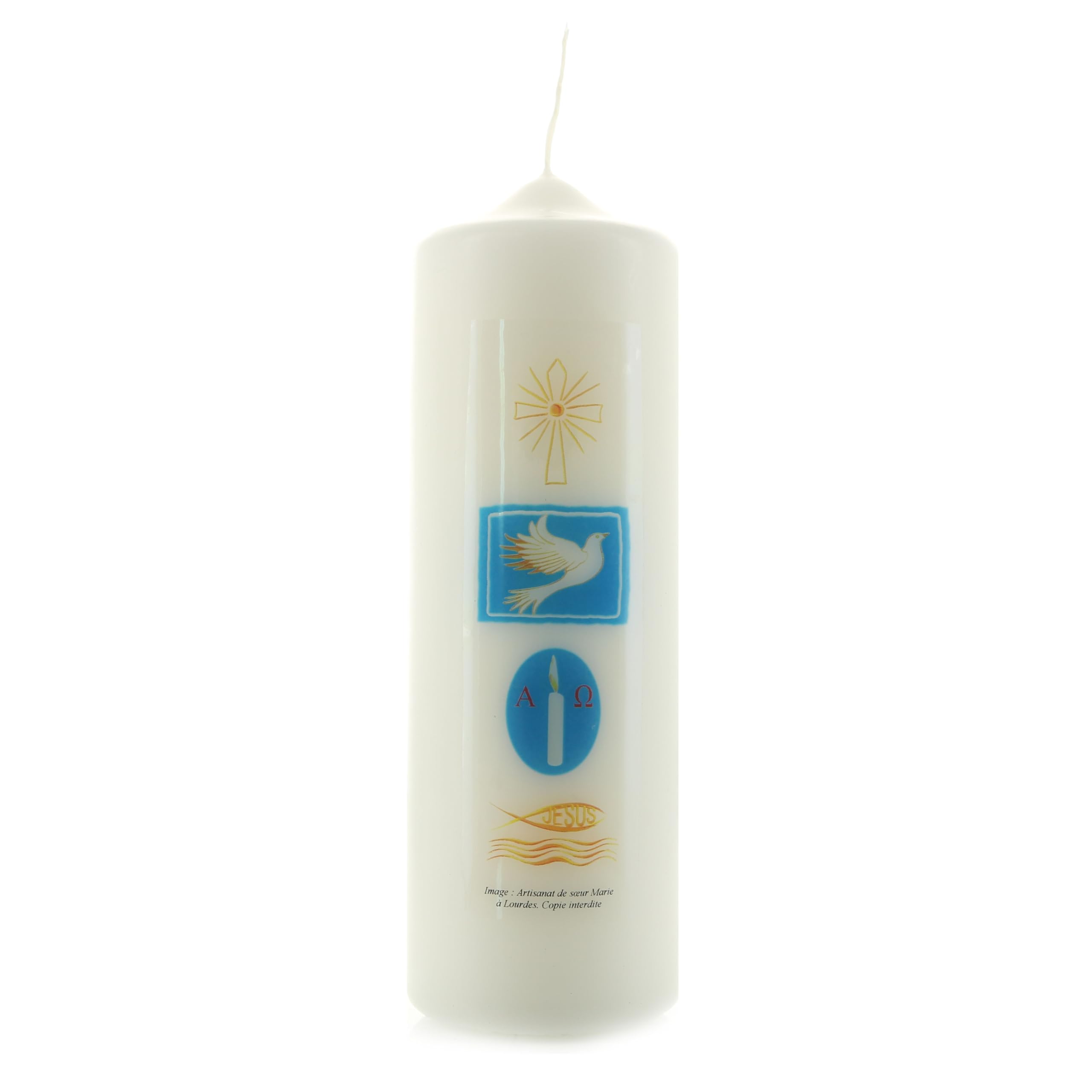 Bougie de Baptême avec symboles religieux 6x18cm - Baptême - Culte Chrétien en Cire végétale