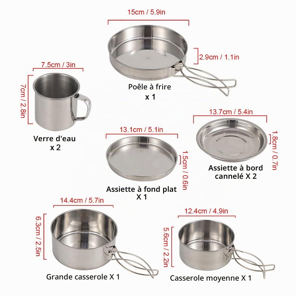 LIXADA Camping Batterie de Cuisine Mess Kit 8 PCS en Acier Inoxydable Camping Casseroles Ensemble avec Assiettes Tasses pour Pêche, Randonnée, Pique-Nique, Outdoor BBQ
