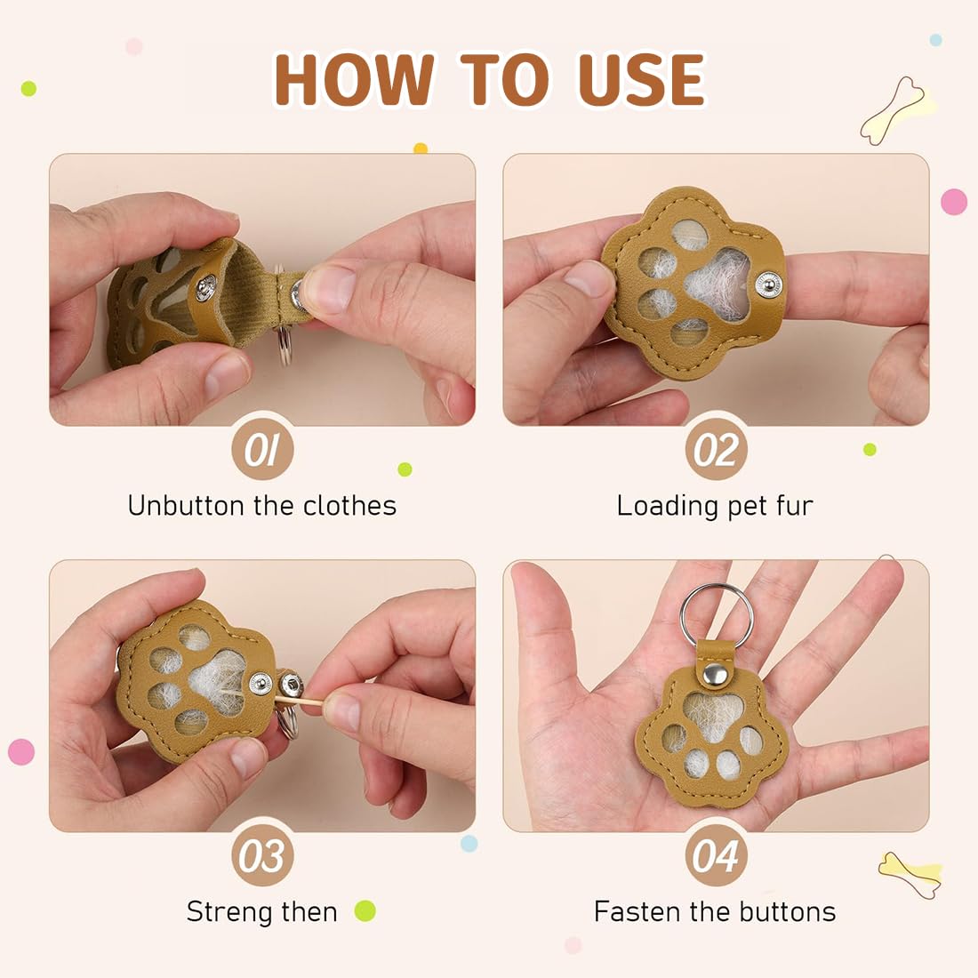 6 PCS Scatola ricordo per peli di animali domestici, Portachiavi commemorativo per Animali Domestici, Portachiavi in Pelle a Forma di Zampa di Cane e Gatto, borsa compatta e accessorio per chiavi - 5