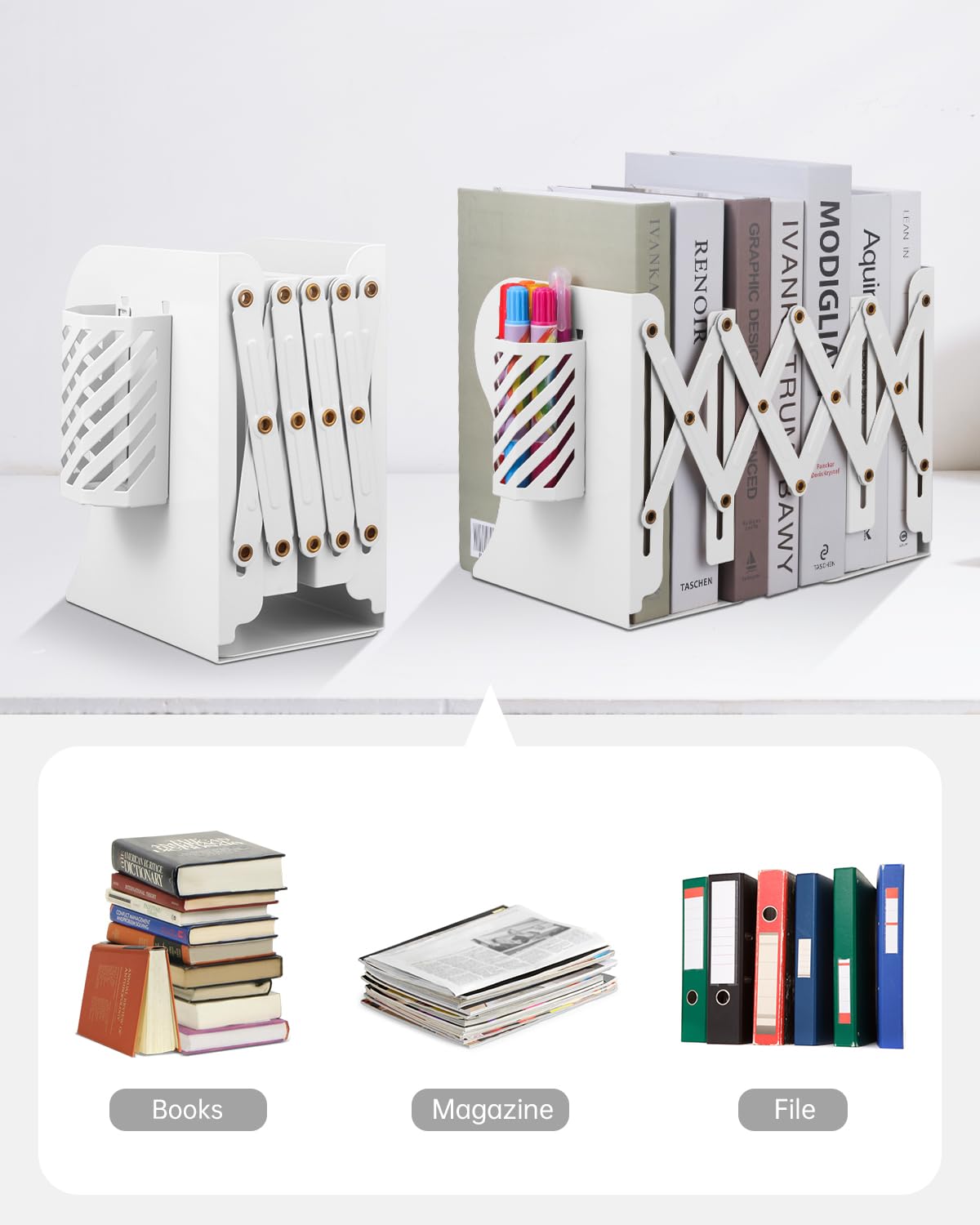 Sujetalibros ajustables, sujetalibros de metal para estantes, libros pesados, organizador de archivos de revistas de escritorio para el hogar, oficina, libros, papeles, se extiende hasta 19 pulgadas