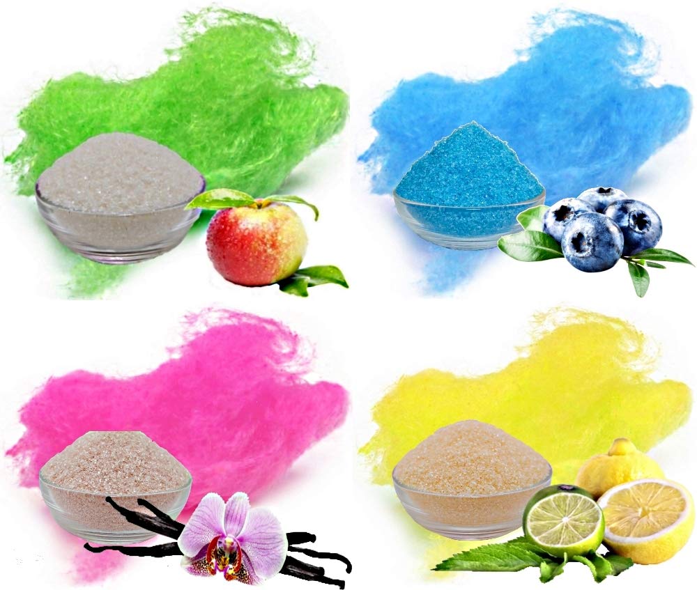 4x 1kg Aromazucker Set mit Geschmack Apfel Heidelbeere Vanille Zitrone farbiger Zucker für Zuckerwatte
