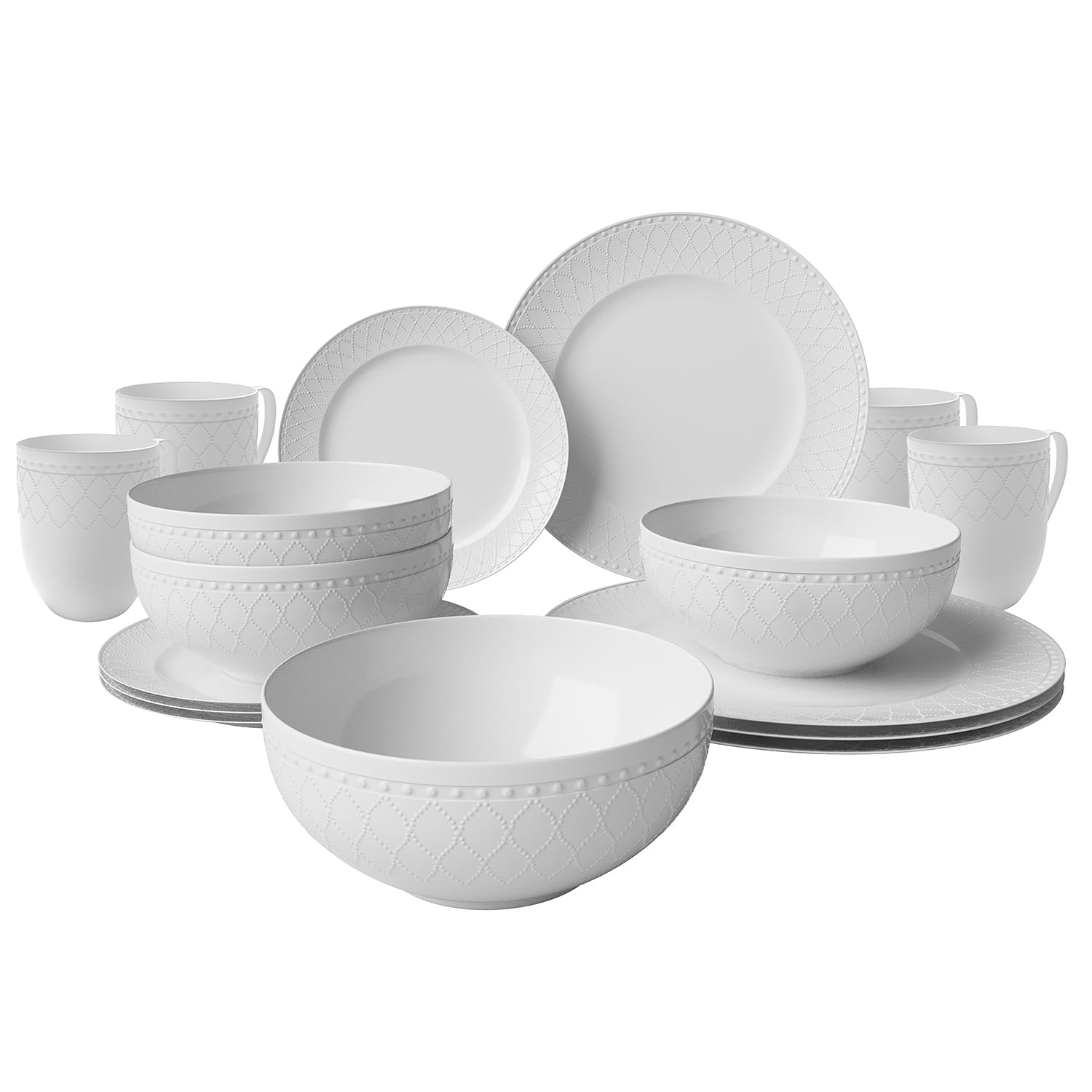 Yoshy 16-Piece White Embossed Mesh Bone China Dinnerware with Lightweight Durable Chip Resistant Design Service for 4