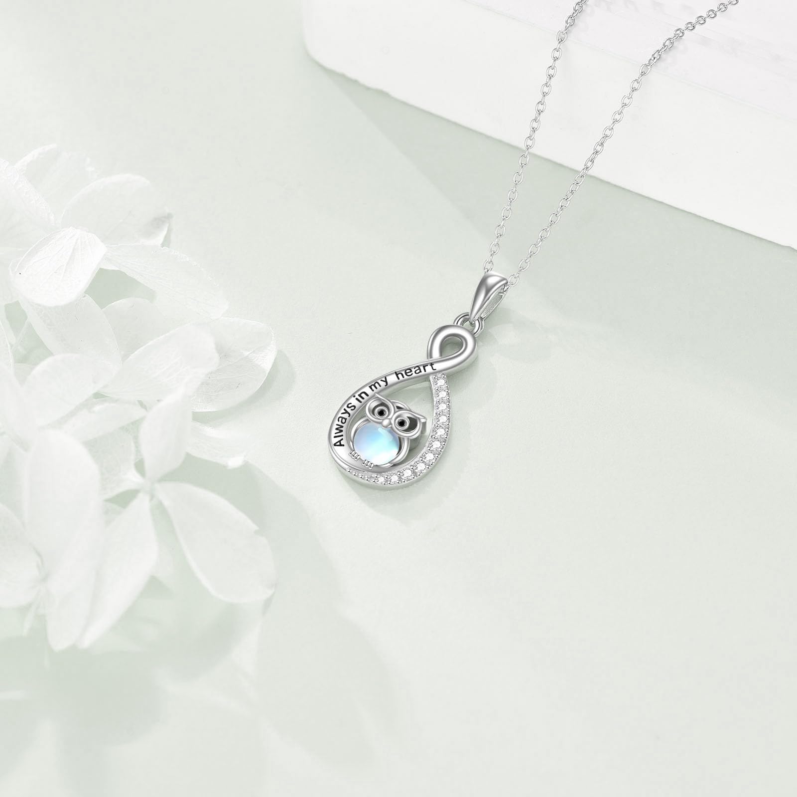 Collar de búho de piedra lunar, plata de ley 925, collar con diseño de búho, regalo para hija, hermana, esposa, Normal, Plata esterlina, No es una piedra preciosa