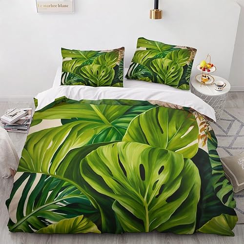 OmErsa Monstera - Juego de funda de edredón tamaño individual, diseño de hojas y plantas, de 3 piezas, funda de edredón con estampado de microfibra