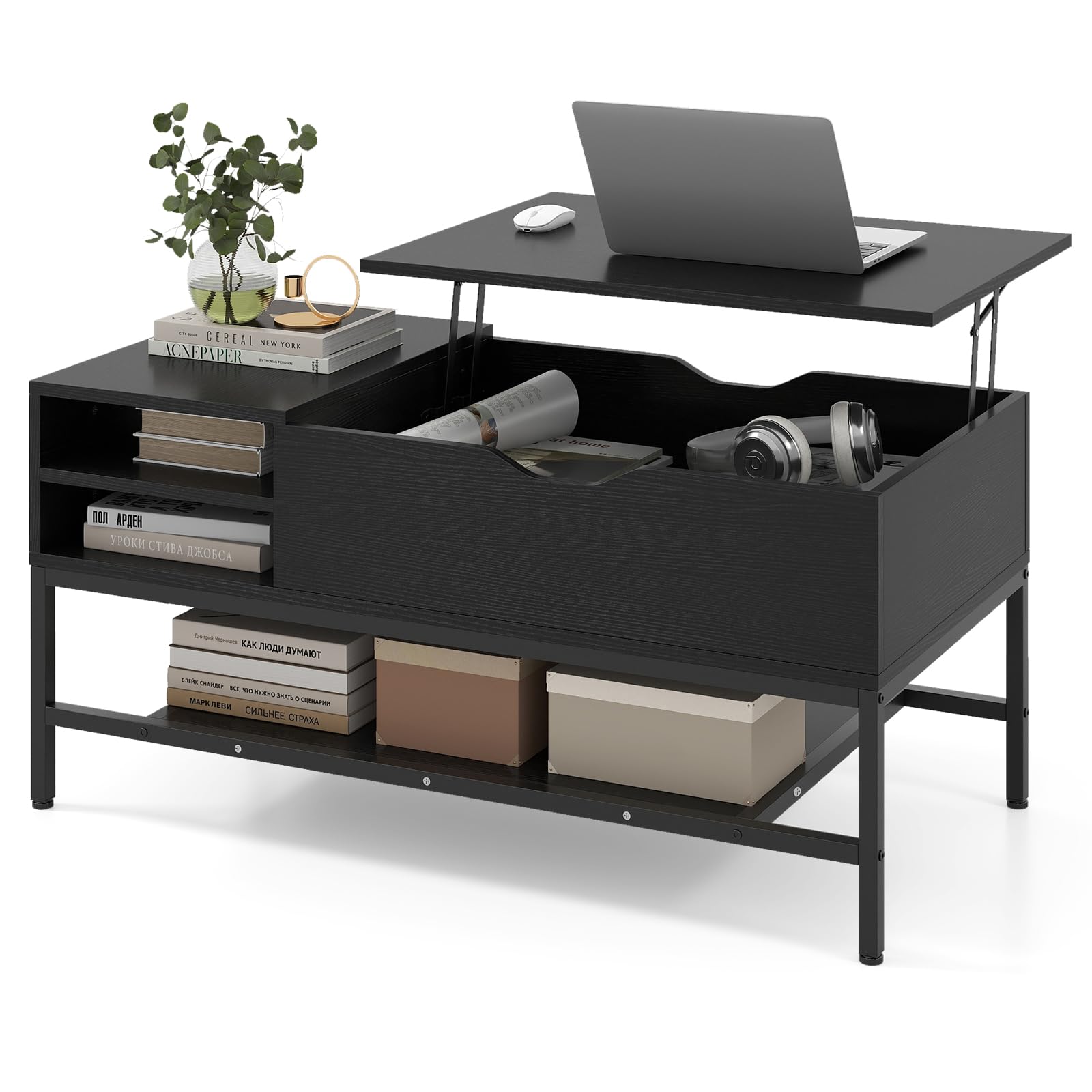 COSTWAY Lift Up Top Coffee Table, Wooden Lifting Cocktail Center Table with Hidden Storage Compartment and Open Shelf, Metal Frame Rectangle Accent Sofa Side Tea Table for Living Room (Black)