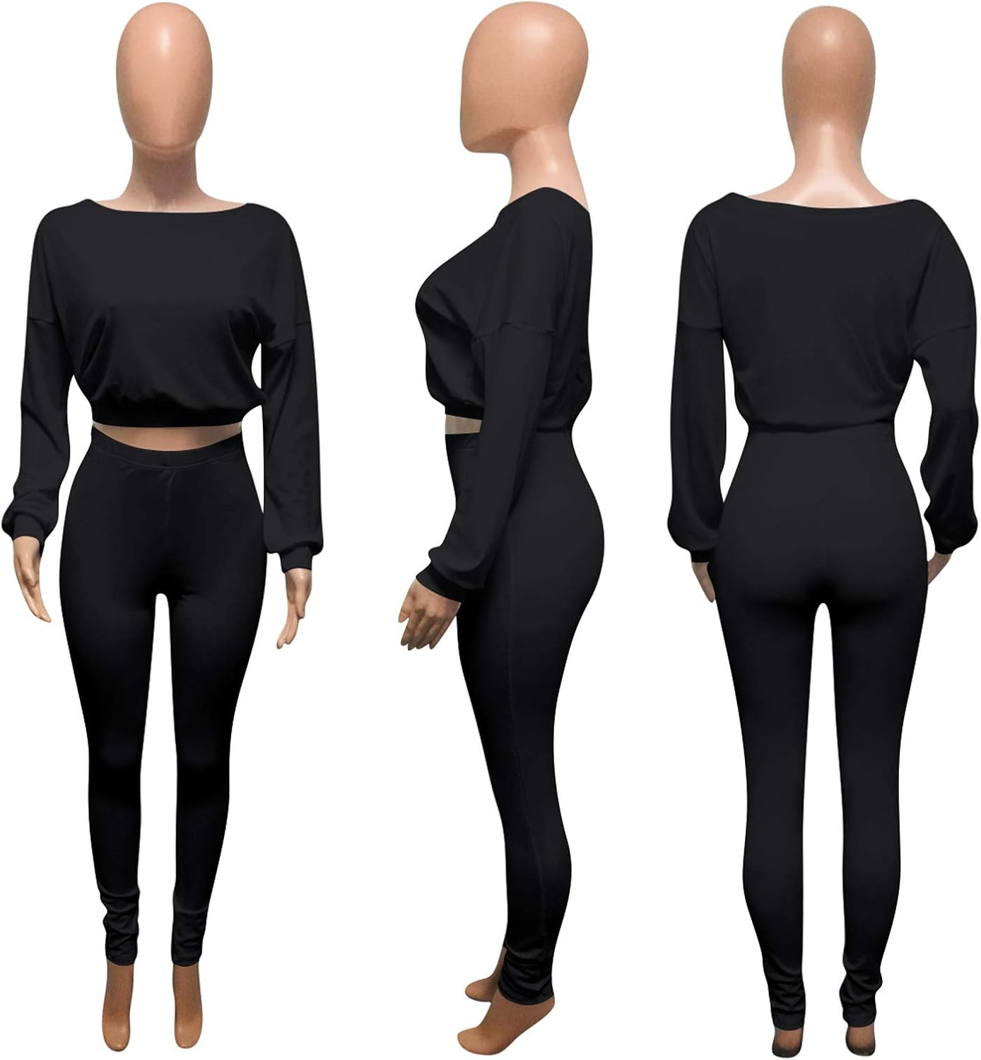 Womens Ribbed 2 Piece Outfits Long Sleeve Crop Top Pullover Skinny Long Pants Sweatsuits Set Tracksuit - Image 3