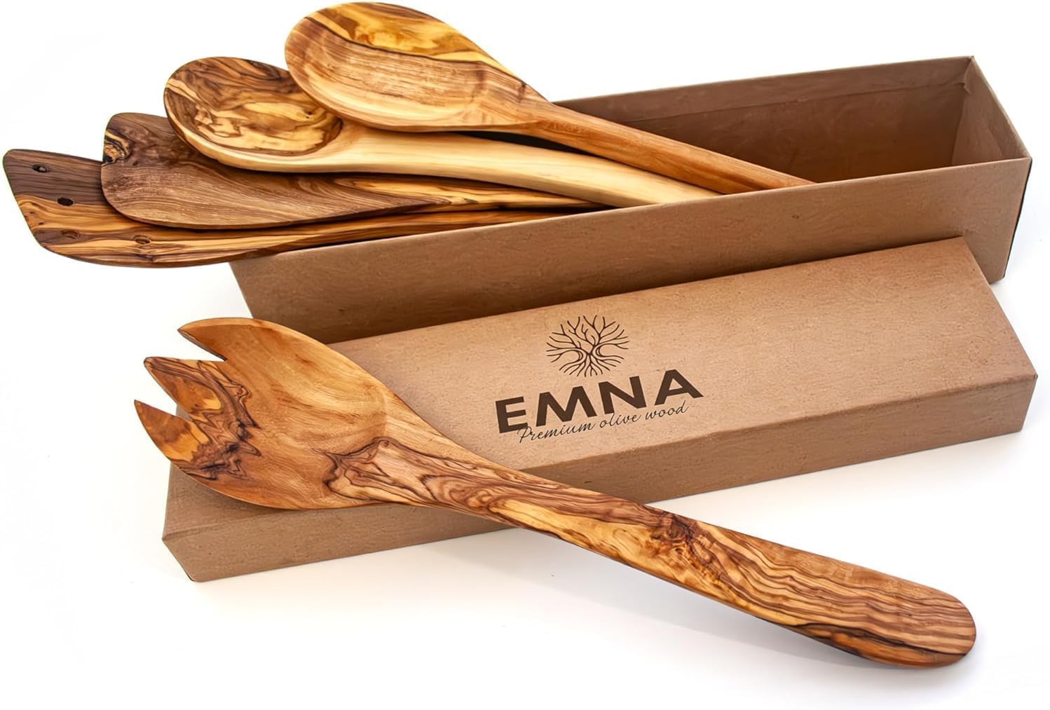 EMNA – Zestaw przyborów kuchennych z drewna oliwkowego, 5-częściowy, ręcznie wykonane drewniane przybory kuchenne z łyżką kucharską, sztućce do sałatek, łopatka do patelni, wysokiej jakości produkt