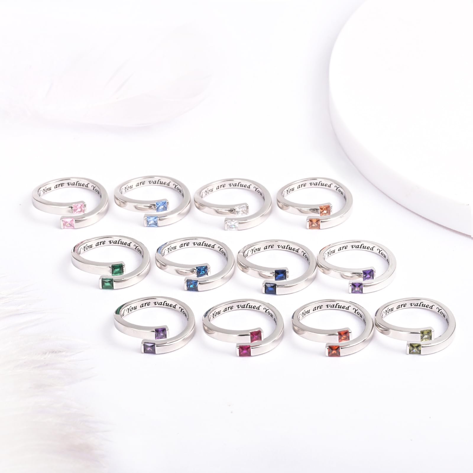 YLT Anillo ajustable de plata de ley 925 para mujer, con piedra natal, circonita cúbica, anillo abierto, regalo para hija y adolescente