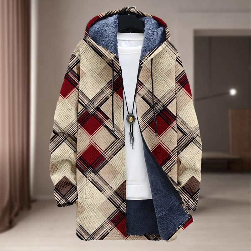 Zip Up Plaid Coat for Men Oversized Hoodie Sherpa Lined Fleece Jacket Full Zip Winter Coat with Hood and Pockets2