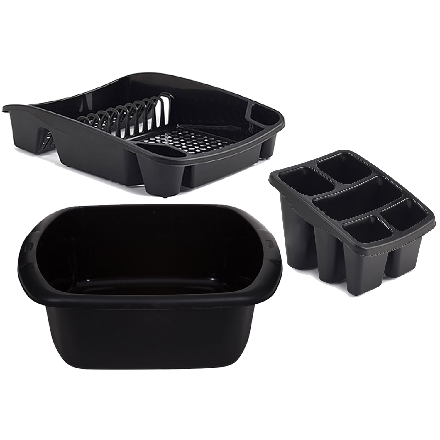 ZARVICZONIA Plastic Dish Drainer Set, Includes Cutlery Holder and Draining Tray, Grey, Gold, Black and Cream Pack 3 set (Black)
