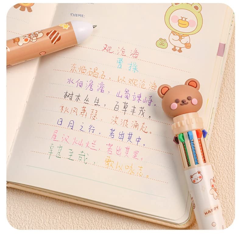 FASHION YO Multicolor teddy bear Pens 0.5mm 10-in-1 Retractable Ballpoint Pens 10 Colors Transparent Barrel Ballpoint Pen for Office Supplies and kids school (Brown Bear) - Image 4