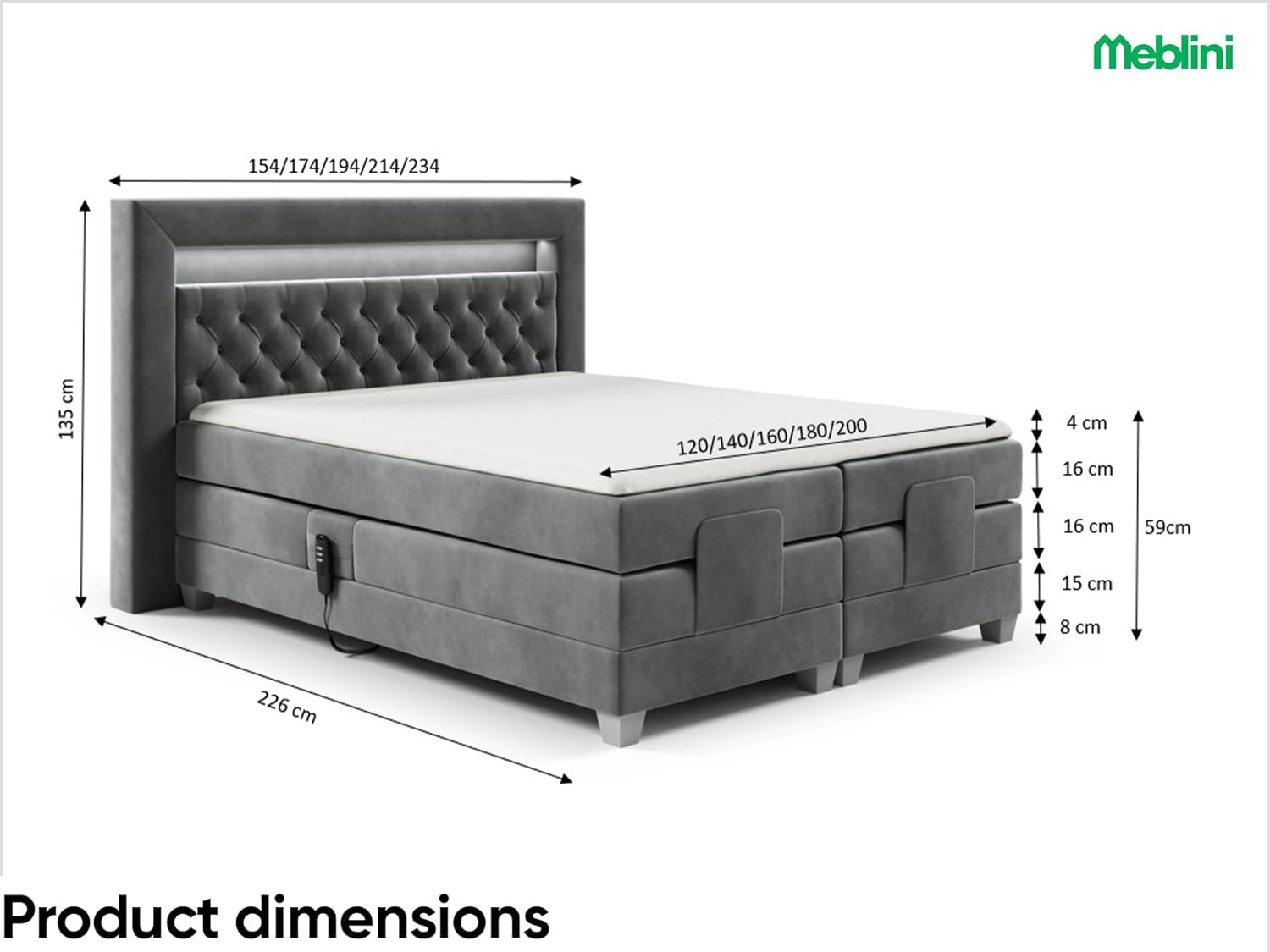 MEBLINI Boxspringbett Elektrisch Verstellbar mit LED - Gepolstert Doppelbett mit Matratzen und Toppers - Polsterbett - Bett mit Kopfteil - SANTORE - 120x200 - H3/Dunkelgrau Samt