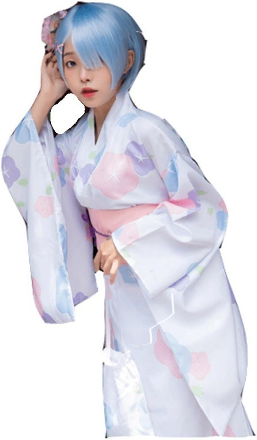 Women's printed traditional kimono set (dress, belt, purple floral waist cord, headpiece, handbag)