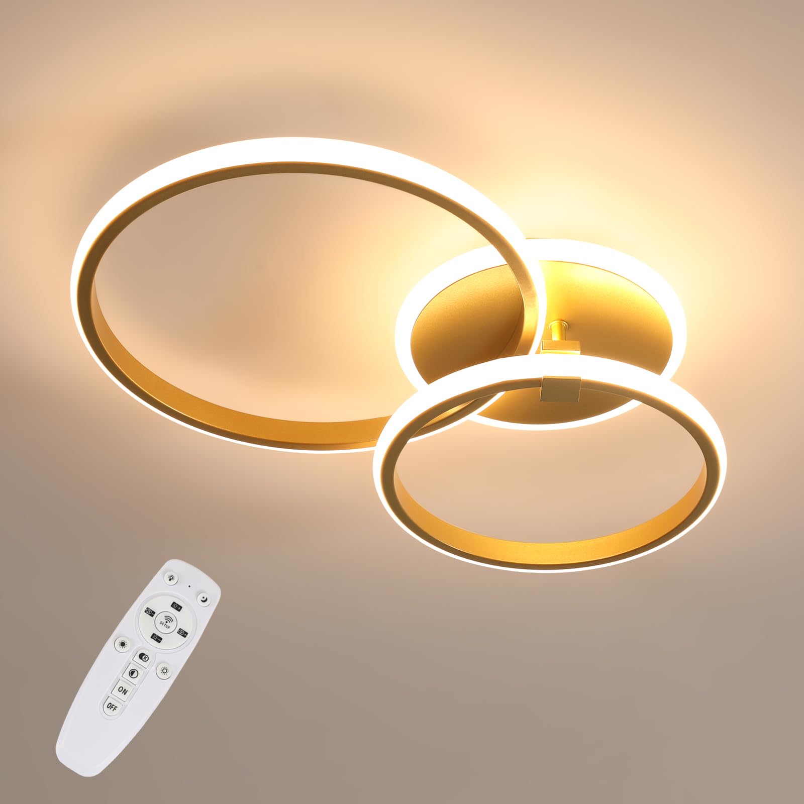 Riserva Dimmable LED Ceiling Light with Remote Control, 42W Modern Round LED Chandelier, 3000K-6500K, Gold LED Ceiling Lights for Bedroom, Living Room, Dining Room, Hallway, Hotel