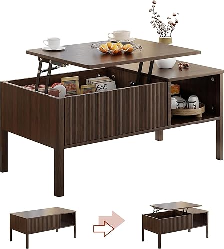 Miniatura 11 de Mesa de Centro con Tapa Elevable Acanalada con Almacenamiento Oculto y Abierto, Mesa de Centro Rectangular Moderna para Sala de Estar, Elevación