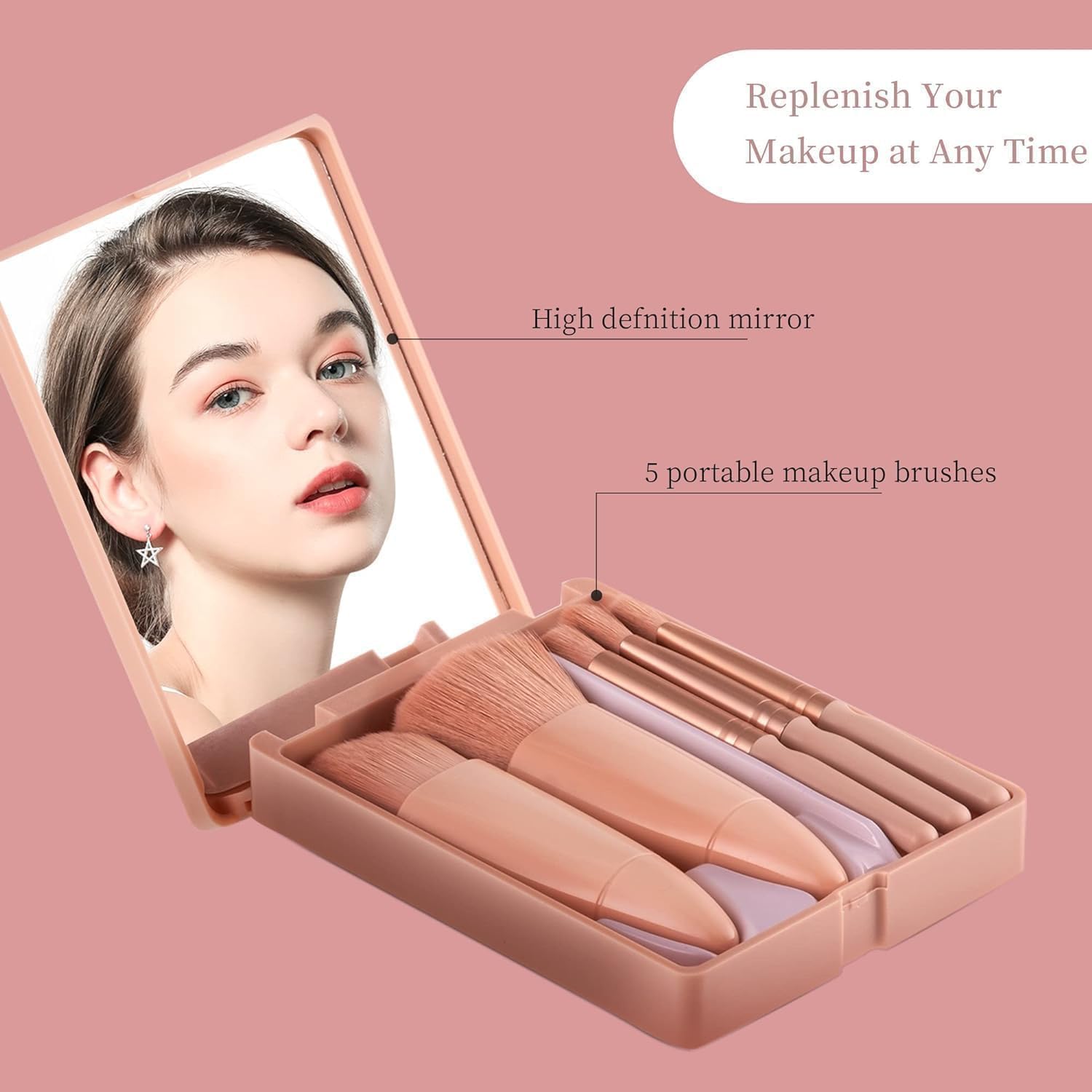 RV - Set di pennelli professionali da viaggio con specchio, 5 pennelli da trucco portatili per donne, mini kit di pennelli da trucco per viso, occhi, sopracciglia, fard e lucidalabbra