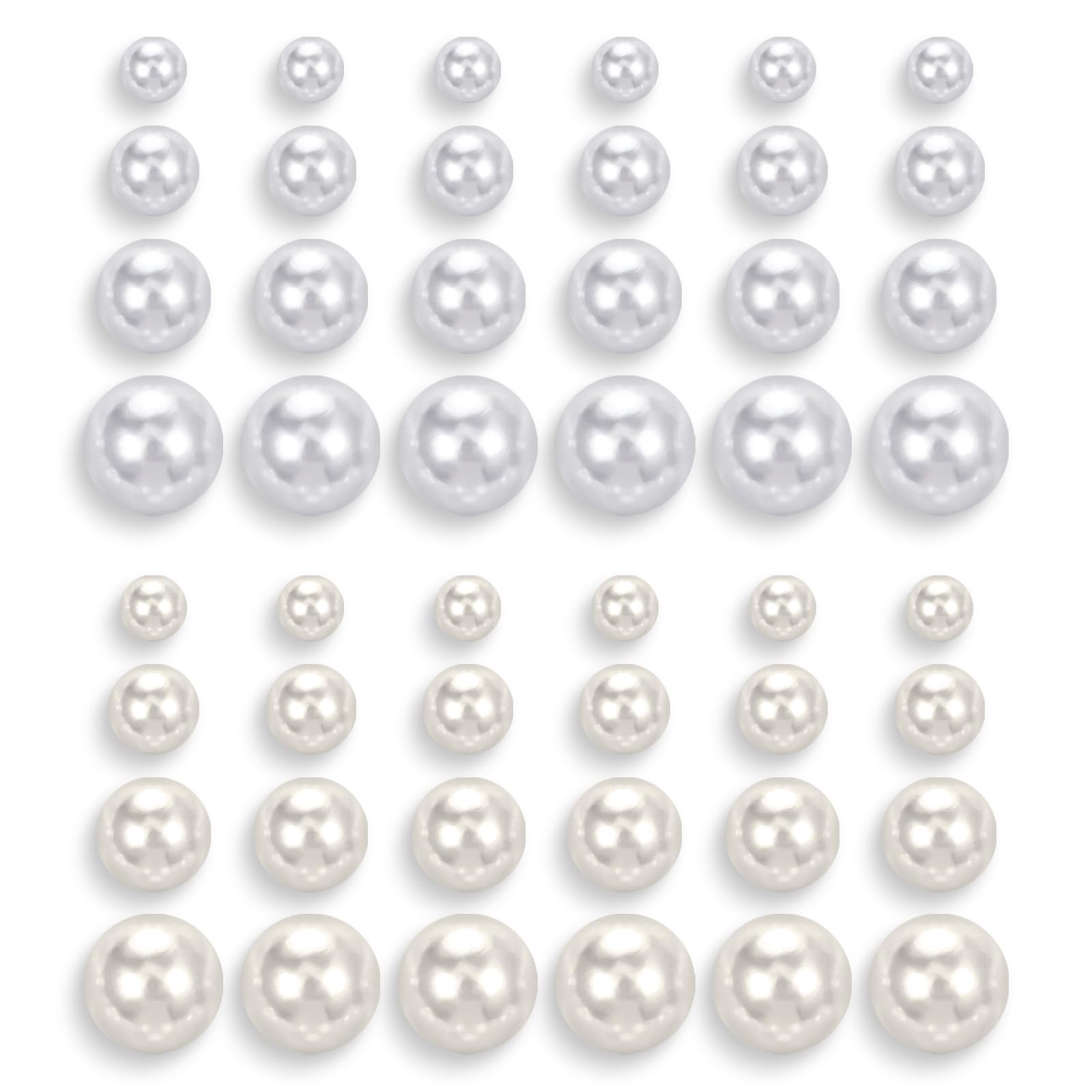 Set Di 24 Paia Di Orecchini A Perla In Plastica, 4 Misure (6-12 Mm), Bianchi E Beige, Ipoallergenici - 3
