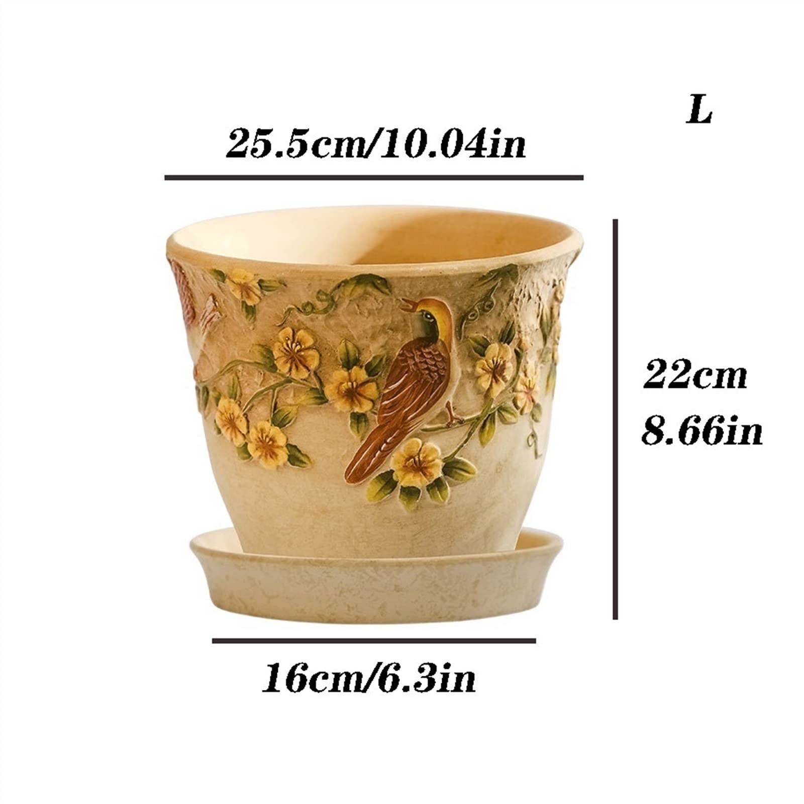 Doniczka kwiatowa Ceramiczna doniczka z tacą kreatywna ulga ręcznie malowana doniczka w stylu retro duża doniczka z otworem spustowym taca Doniczki na Rośliny (Size : L)