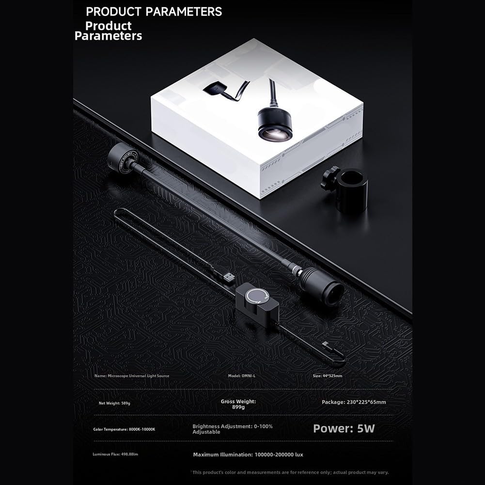 Omni-L - Sorgente luminosa ad anello LED da 5 W per microscopio, oscuramento continuo, collo d'oca flessibile a 360°, alto CRI per riparazione PCB e mobile, nero