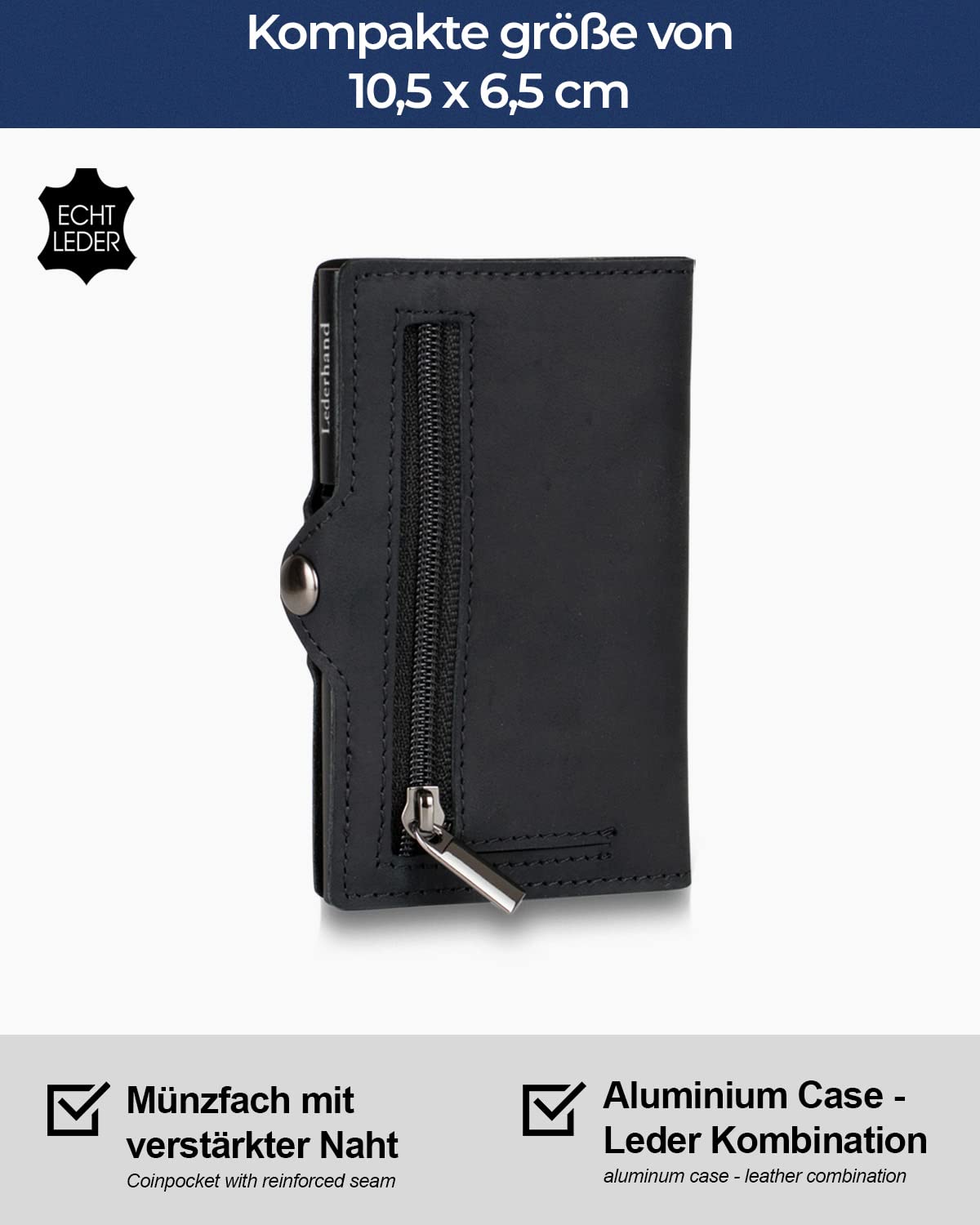 Lederhand® Aventus Wallet – Leder Geldbörse handgemacht für Herren und Damen Portemonnaie Aluminium Kartenhalter mit Münzfach und Platz für 9 Karten mit RFID NFC Schutz Farbe|(Schwarz)