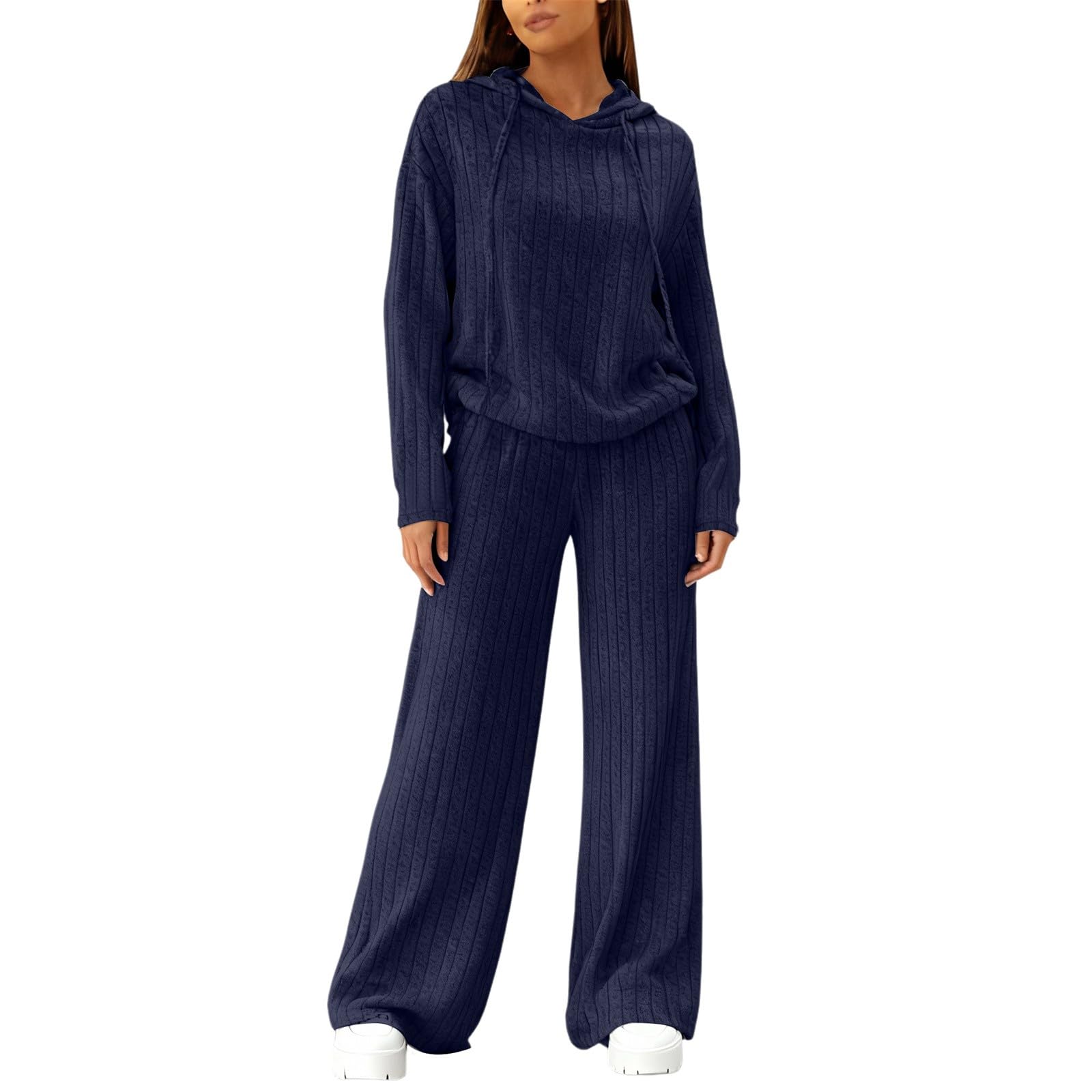 Lounge Wear Sets for Women UK 2 Piece Knitted Tracksuit Sets Oversized Long Sleeve Hooded Tops and Wide Leg Bottoms Solid Colour Casual Comfy Homewear