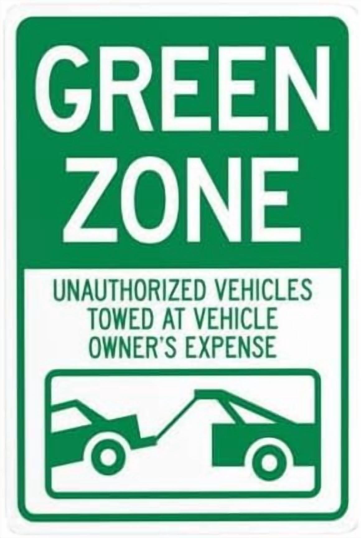 (2-Pack) Metal Tin Sign Green Zone Unauthorized Vehicles Towed At Vehicle Owner's Expense Warning Signs, Cautions Sign, Posted Signs, Perfect for Street Wall Decor 8 x 12 Inch