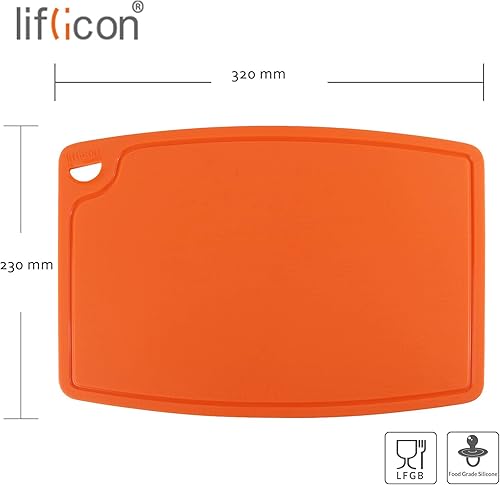 Miniatura 2 de Tabla de cortar de silicona gruesa de 12.6 x 9.1 pulgadas, ranuras para jugos, mango de fácil agarre, apta para lavavajillas, color naranja
