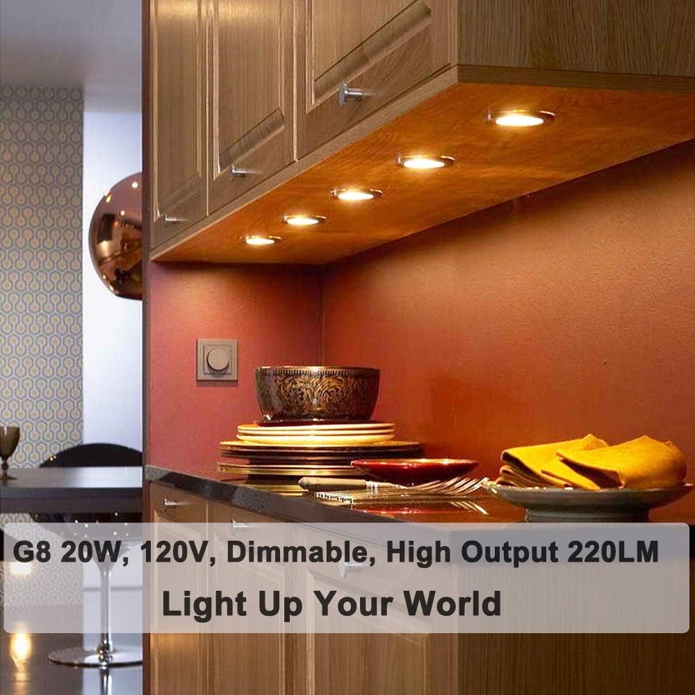 Vinaco G8 Halogen Bulb, 10PCS 20W 120V G8 Base Bi-Pin Xenon Light Bulbs JCD Type, Warm White Dimmable with Long Lasting Lifetime for Under Cabinet Puck Lights
