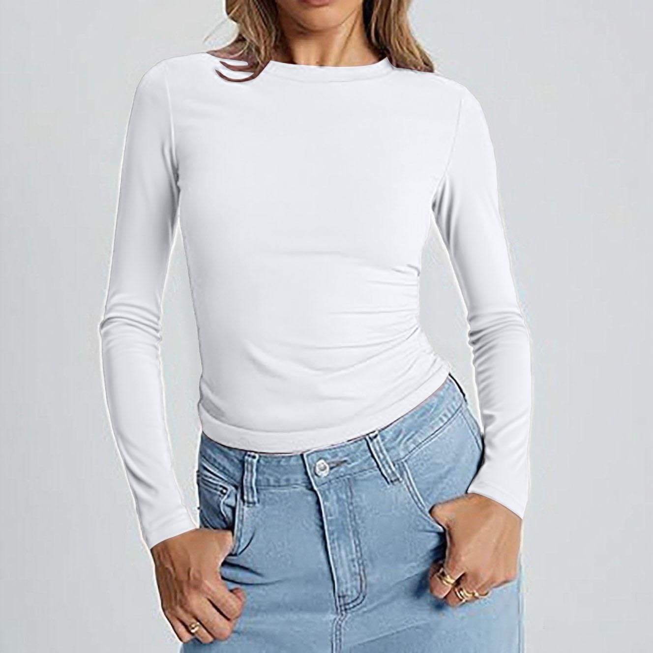 Lot de 3 t-shirts thermiques à manches longues et col rond pour femme - Coupe ajustée - Coupe ajustée - Couleur unie - Polyvalent - Tendance - Esthétique - Streetwear XS à XL