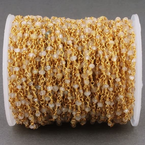Chaîne rosaire perles quartz rutilé doré 2mm et fil enroulé plaqué or 24k LKBEADS 10 pieds
