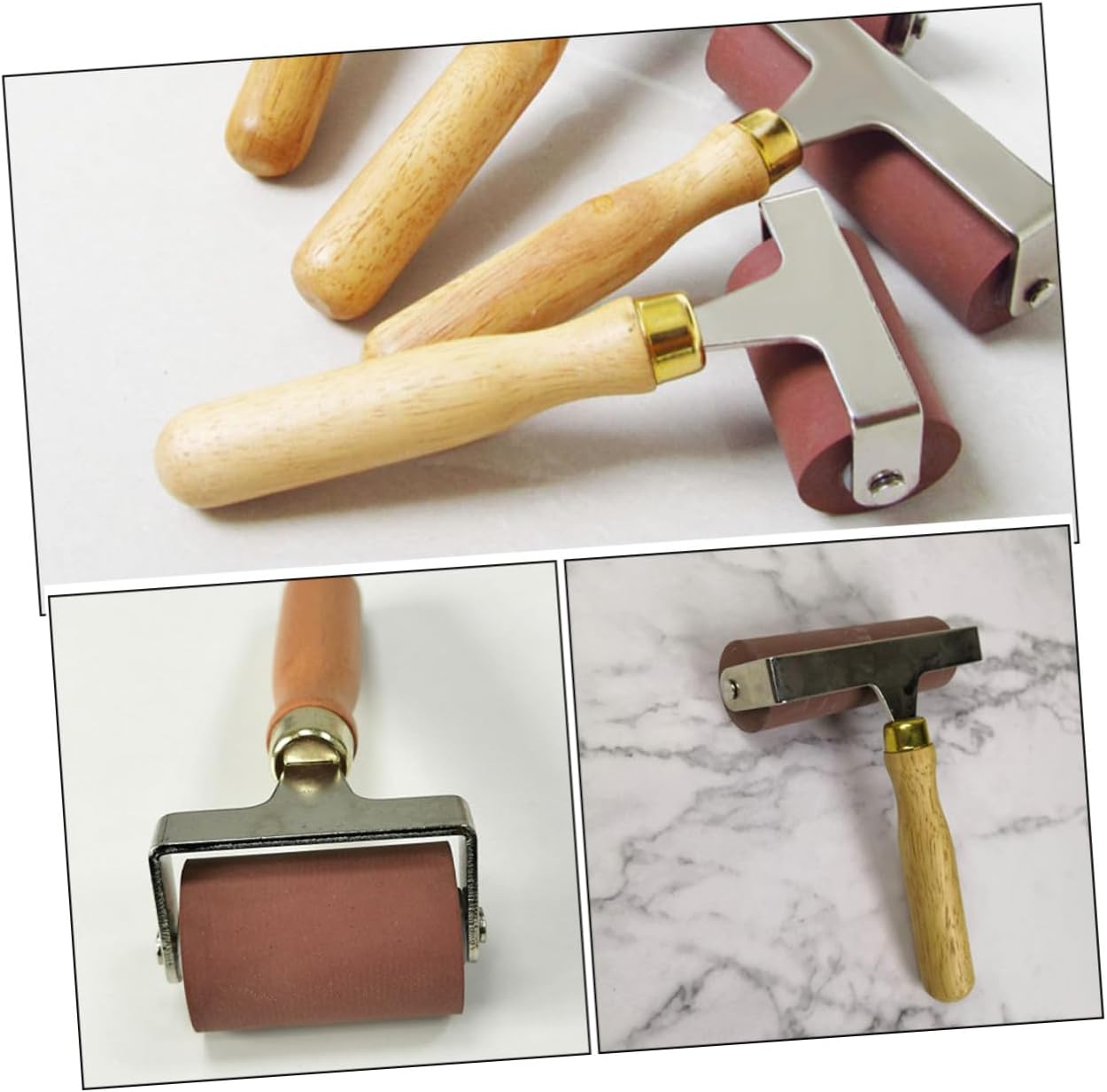 Cabilock Professional Red Rubber Ink Roller for Printmaking with Smooth Wooden Handle for Crafting Stamping and Even Ink Application