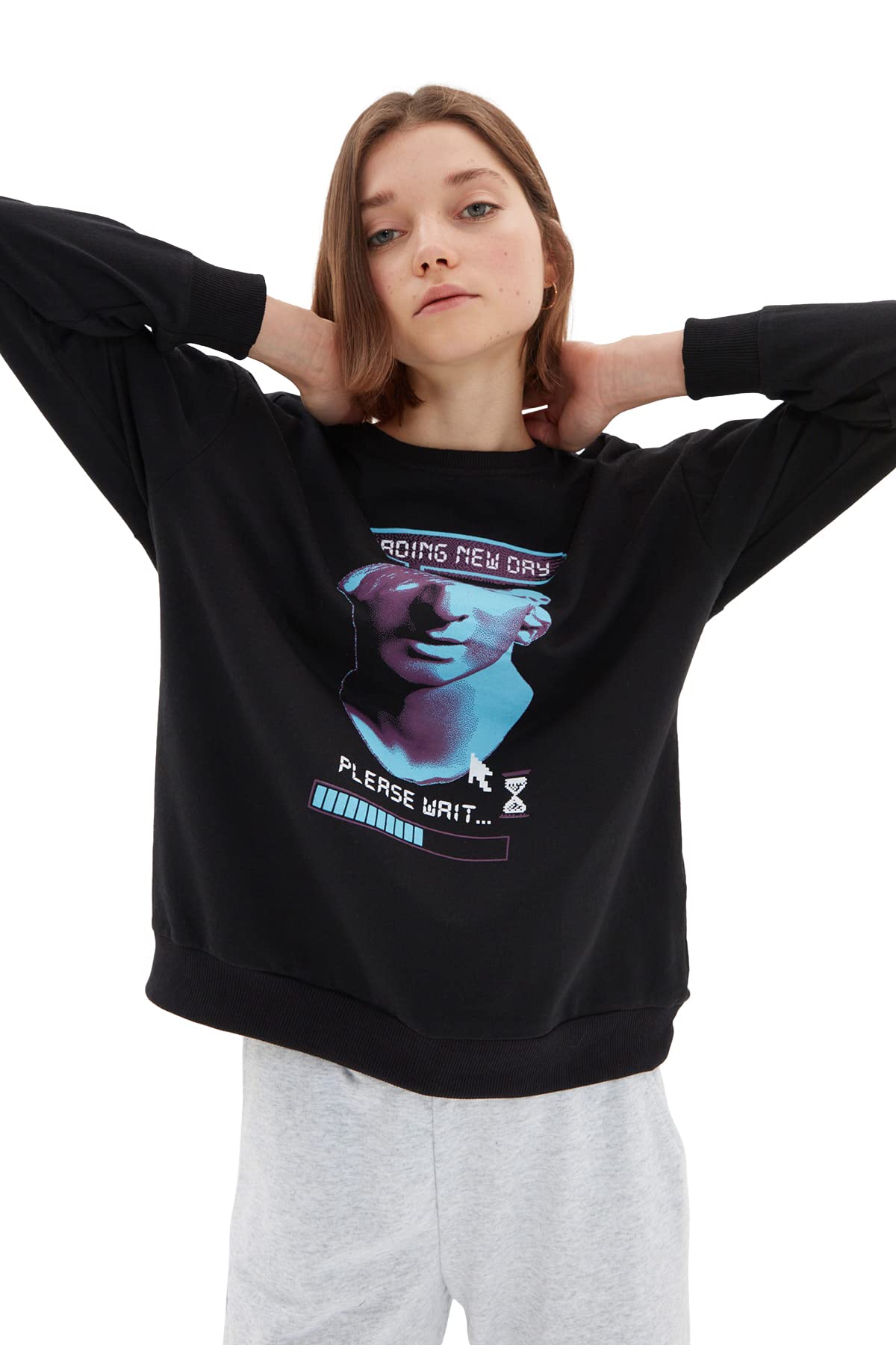 Trendyol Damen Schwarz Gestricktes Sweatshirt,