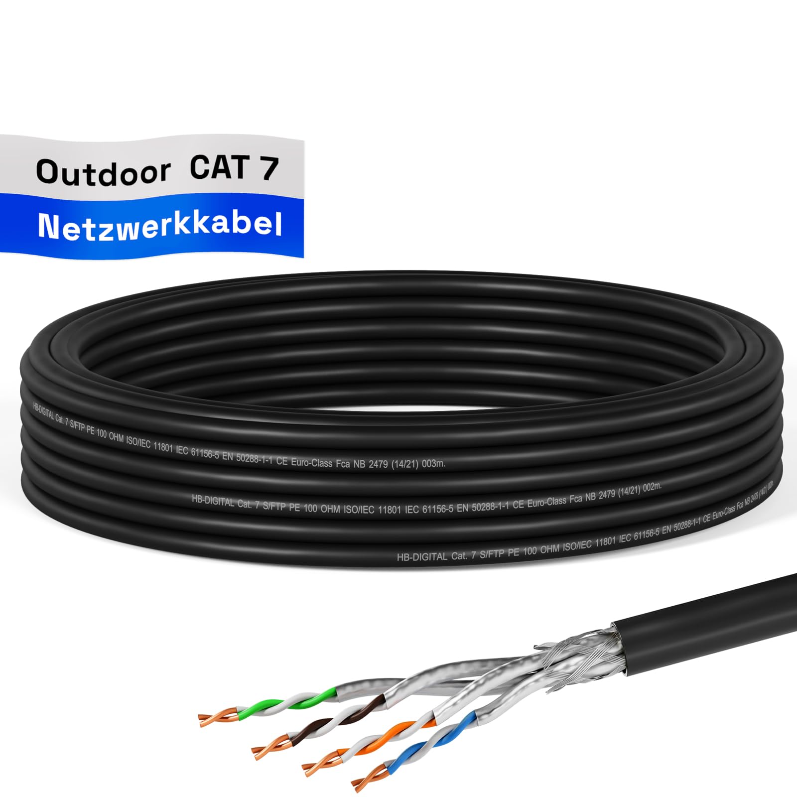 HB-DIGITAL 10m CAT 7 Netzwerkkabel Outdoor LAN Kabel Verlegekabel S/FTP AWG23 doppelt geschirmt PiMF reines Kupfer max 10Gbit/s Netzwerk Installation Ethernet Datenkabel für Außenbereich - Schwarz