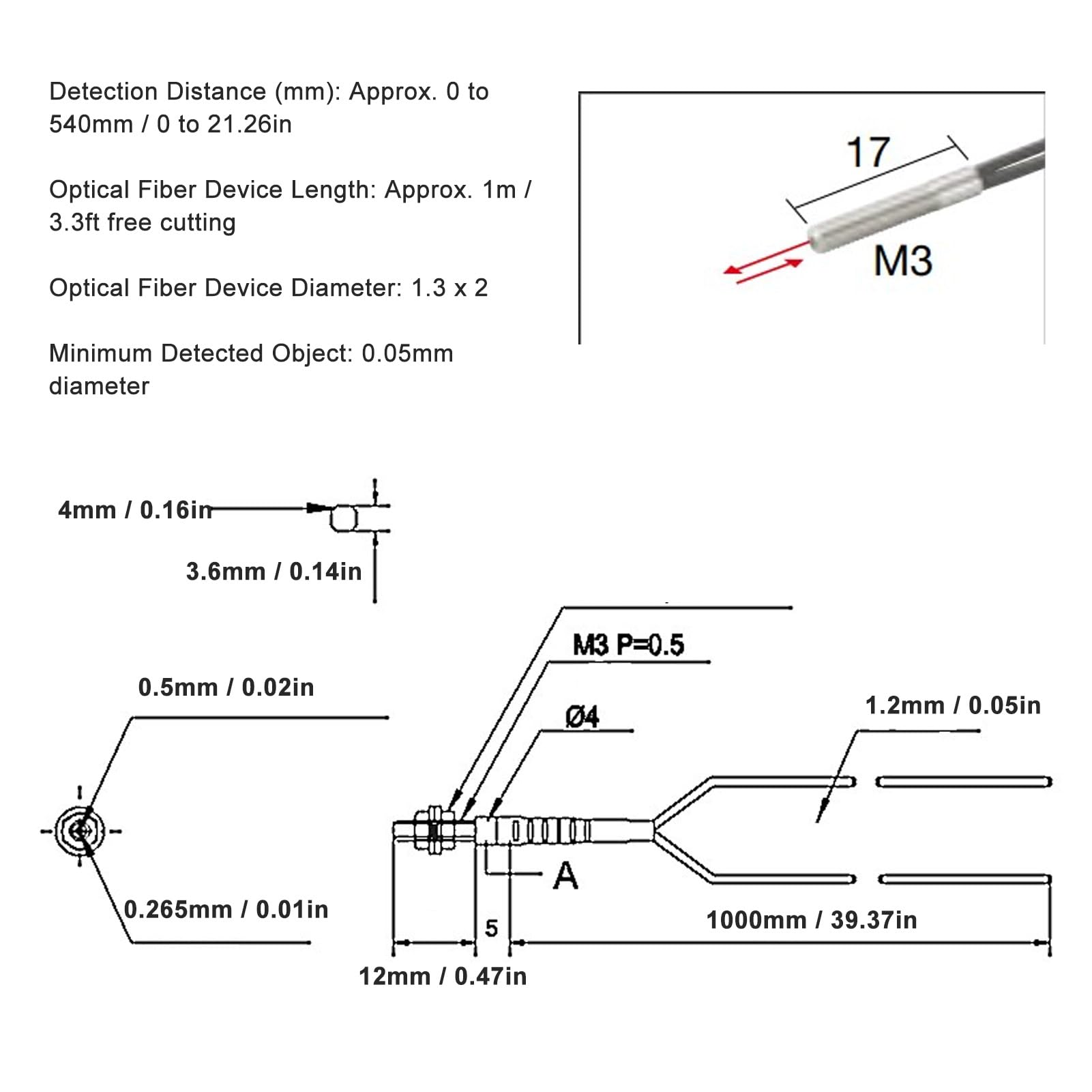 NDNCZDHC TP-30ZD Fiber Optic Sensor 0-540mm Detection Distance M3 Thread Reflection Optical Fiber Sensor Probe Cable with Accessory