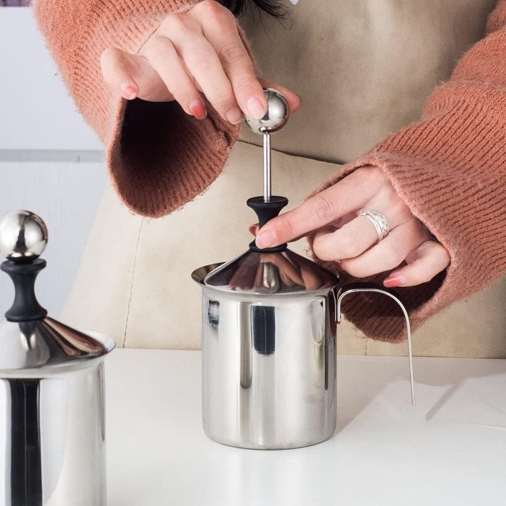 VINSU Stainless Steel Milk Frother for Coffee and Cappuccino - Double Froth Pump Manual Foam Maker - Hand Pump (400ml) 3