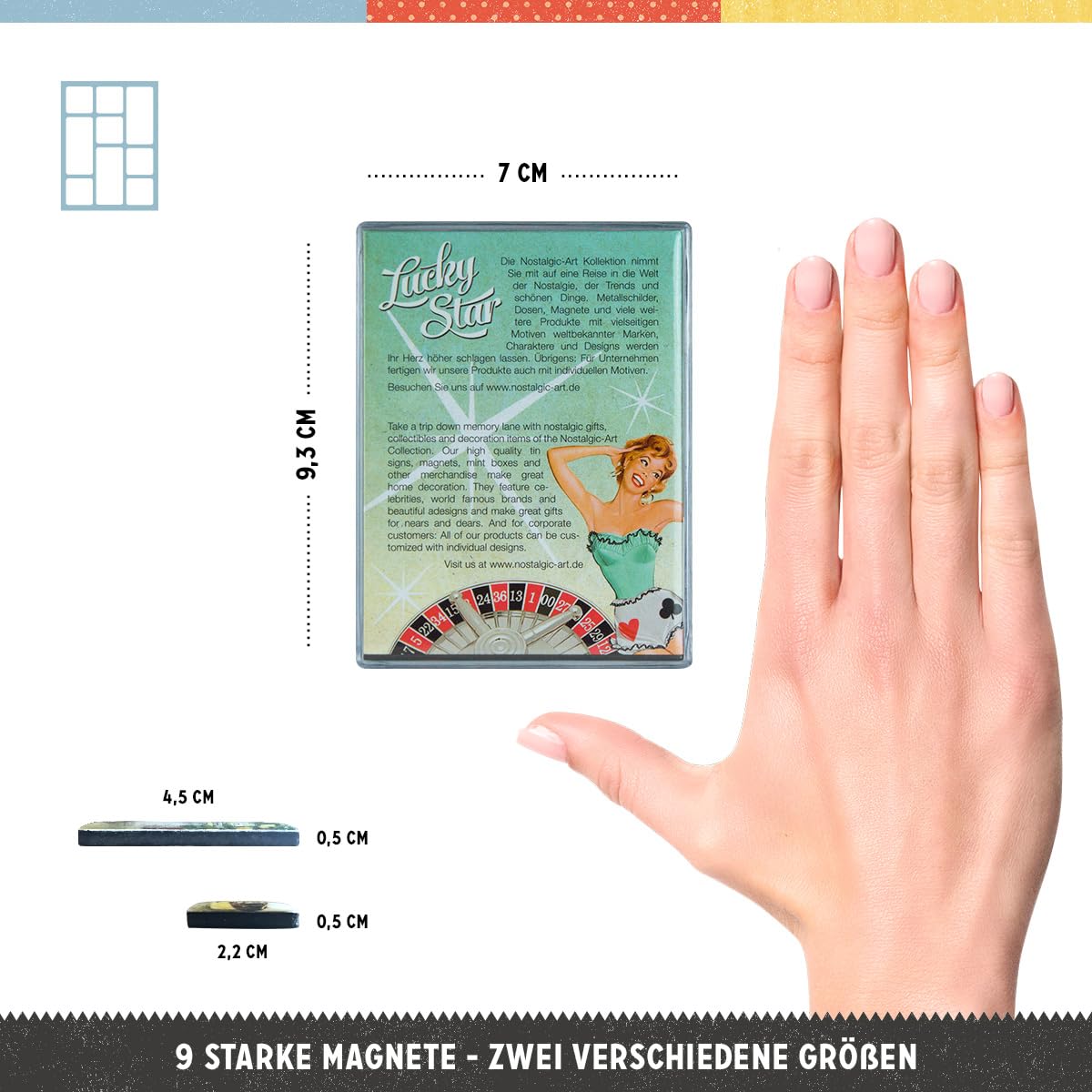 Nostalgic Art Retro lodówka zestaw magnesów 9-częściowy, zestaw magnesów na tablicę magnetyczną, kolorowe, 9 sztuk