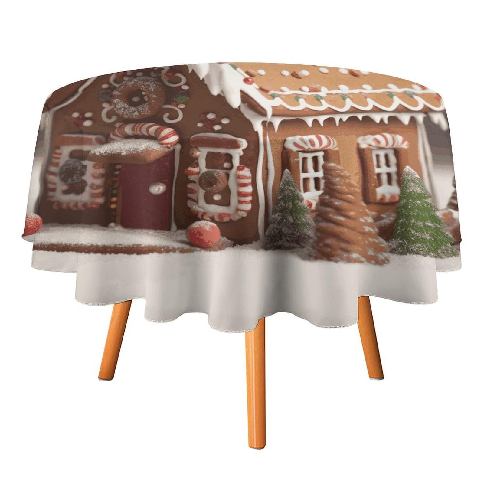 Fekiloot Style Gingerbread House Round Tablecloth - Heavy Duty And Washable,Polyester Decorative Fabric Table Cover,Tablecloths For Kitchen Dining, Wedding, Birthday Party36x36in