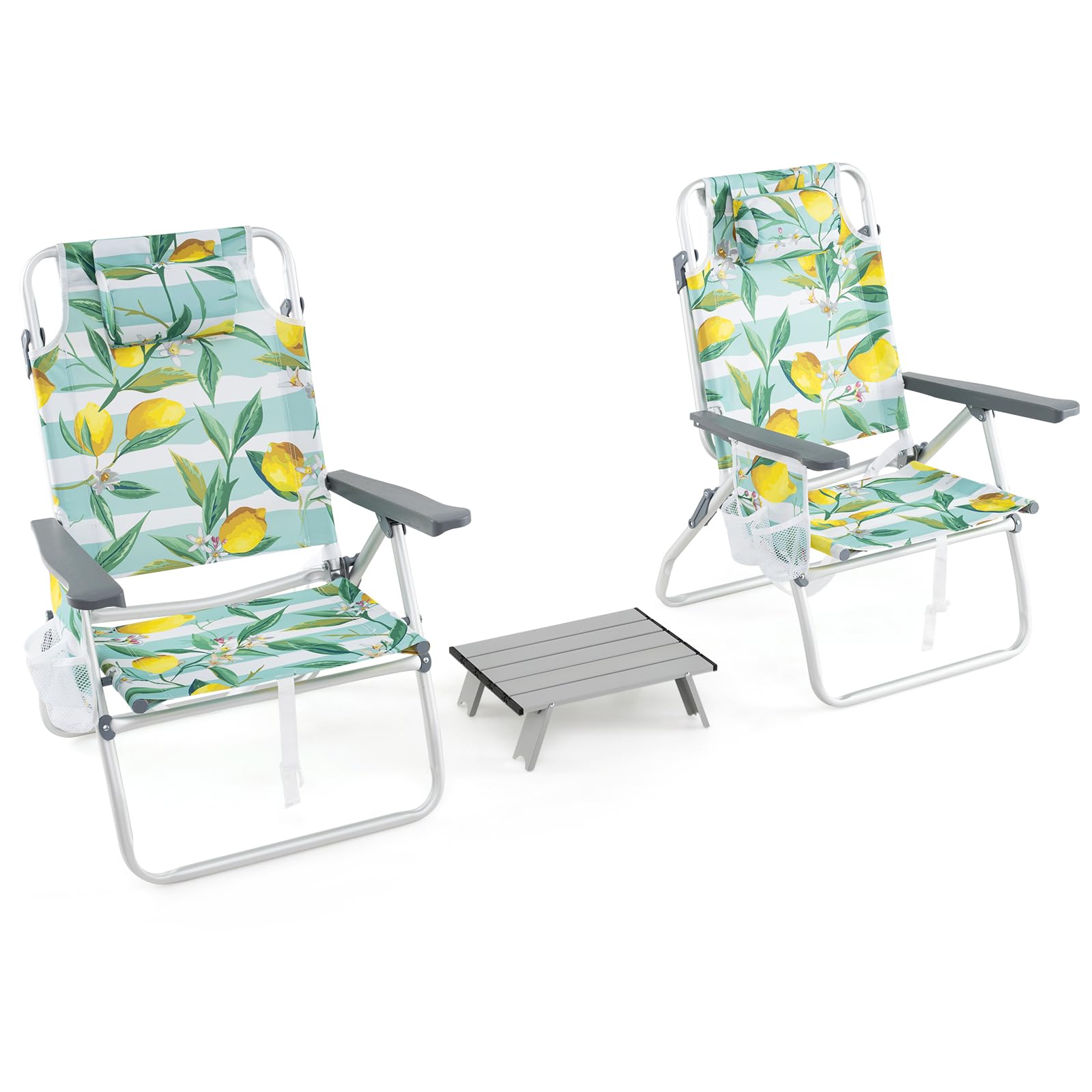 RELAX4LIFE Set di 3 Tavolo e Sedie da Campeggio, Tavolino Pieghevole e 2 Sedie con Schienale Regolabile a 5 Posizioni, Portabicchieri, Borsa da Trasporto, Struttura in Alluminio per Spiaggia (Verde)