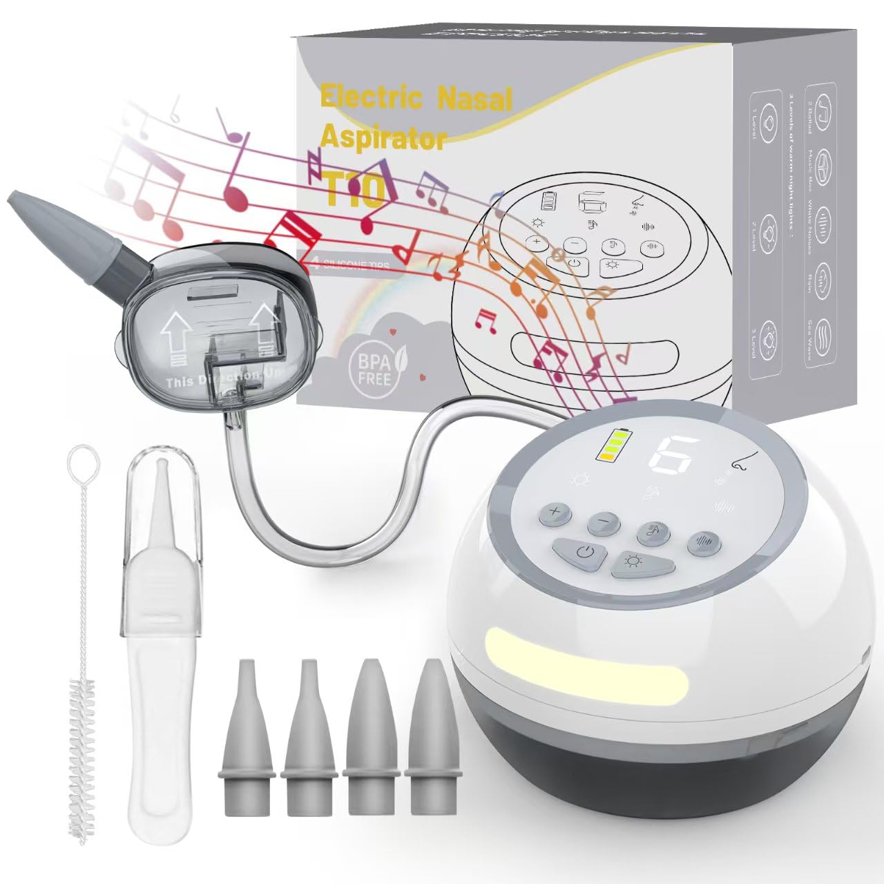 Elektryczny aspirator do nosa dla niemowląt z 6 stopniami ssania, elektryczny aspirator do nosa dla niemowląt z dużym zbiornikiem na zanieczyszczenia, ładowanie przez USB, 4 silikonowe końcówki