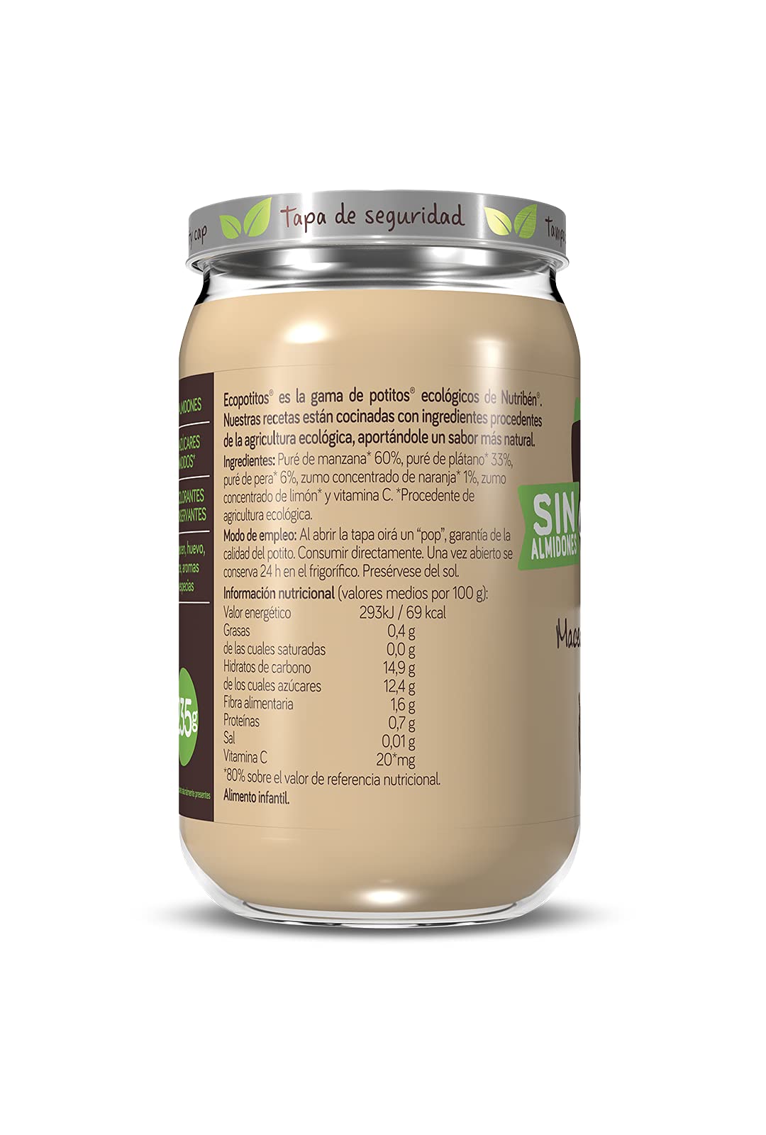 Nutribén Ecopotitos de Macedonia,100% fruta y Sin almidones - Ingredientes ecológicos- Desde los 6 meses, Pack de 6 x 190 g