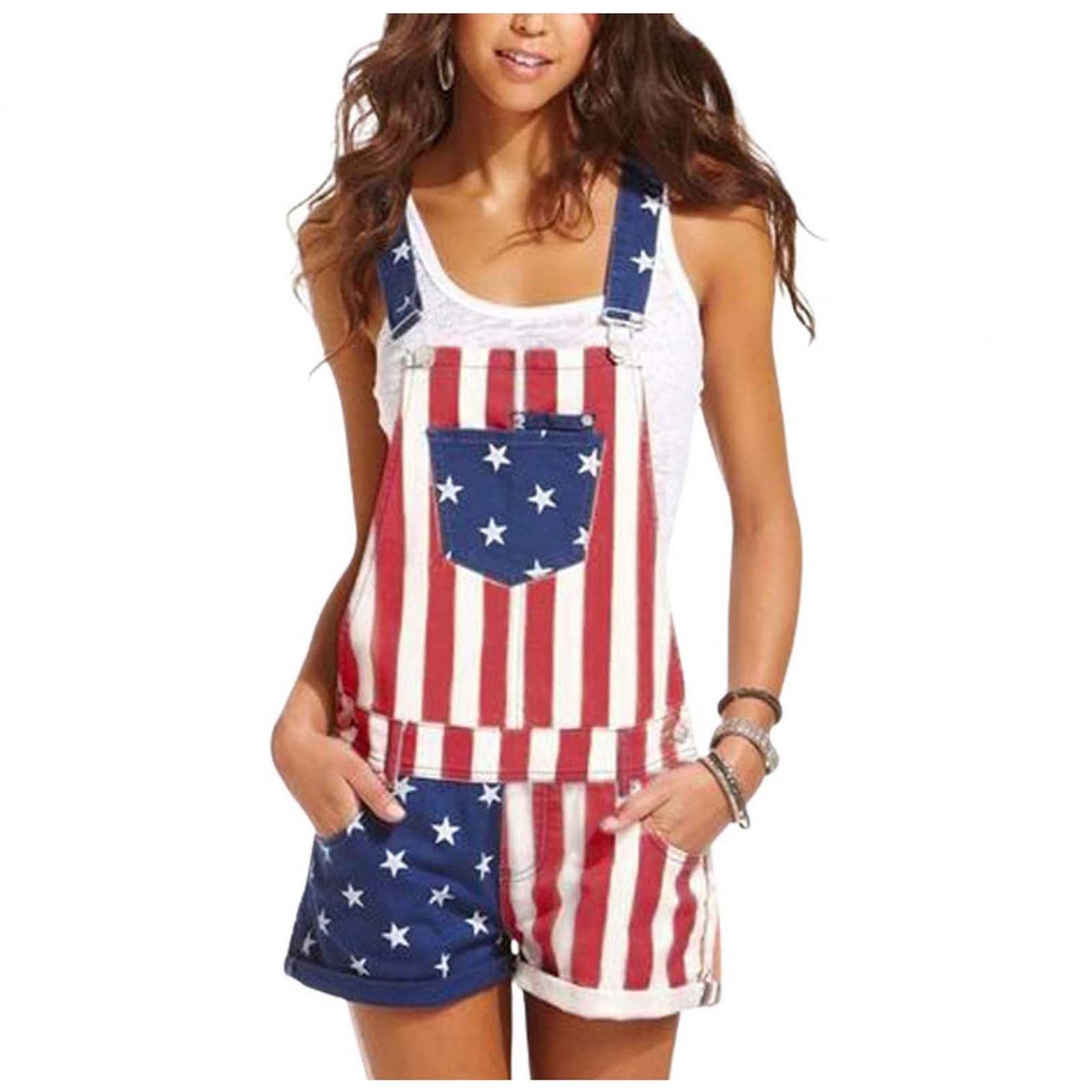 WUAI 4th of July Womens American Flag Rompers Jumpsuits Casual Denim Shorts Overalls Bib Pants Couple's Onesie Jeans Romper