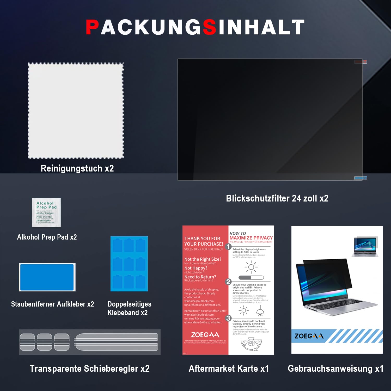 ZOEGAA [2 Stück Blickschutzfilter 24 Zoll Monitor 16:9 für 24" Monitor,Anti Blaulicht Blickschutzfolie Bildschirm 24 Zoll und Abnehmbarer Bildschirm Sichtschutzfolie Bildschirm Sichtschutz
