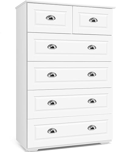 SEJOV Cómoda blanca para dormitorio, cómoda de 6 cajones con cajones profundos, cómoda alta de madera moderna, organizador de aparador para sala de