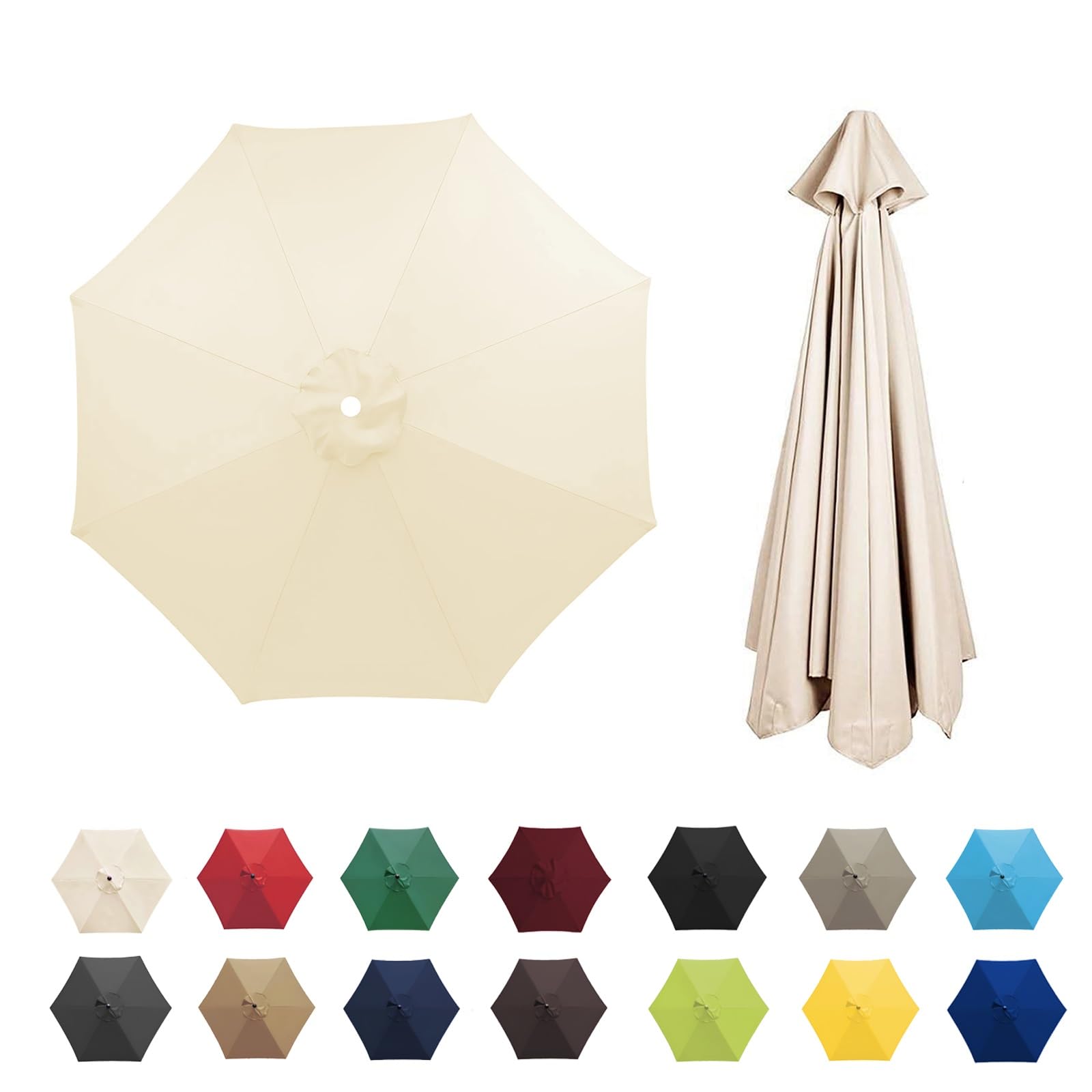 IRUGS Universal Umbrella Replacement Cloth, 8 Ribs 3.0M/9.9ft, Beige, Patio Umbrella Cover Cloth, Replacement Parasol Canopy